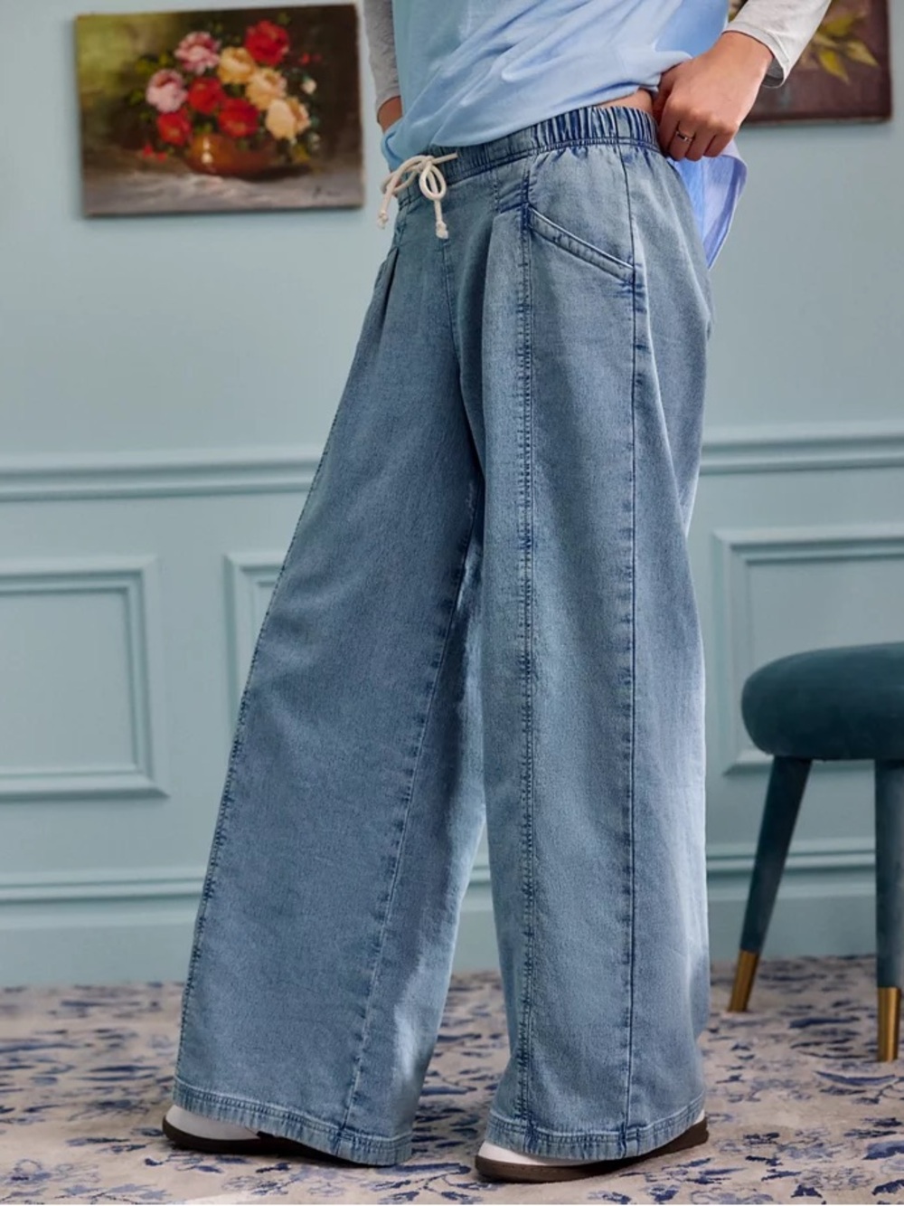 Aerie Daydream Denim Stretch Wide-Leg Pull-On Jeans Light Indigo - Size XL